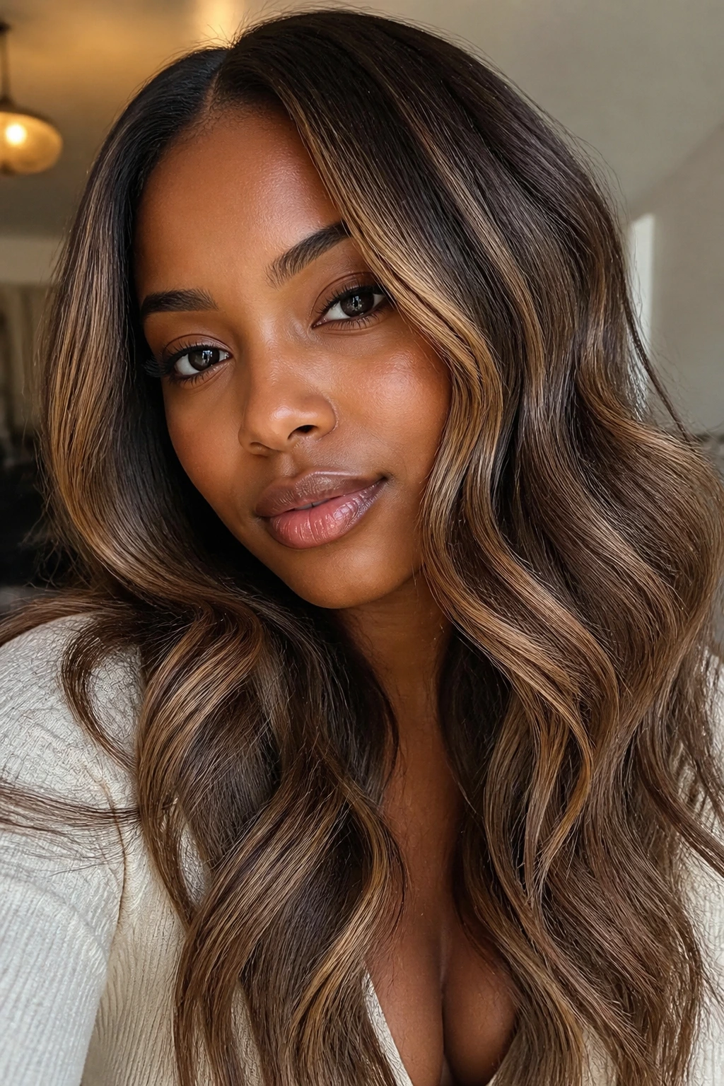 Mocha bronde hair with lived-in caramel-beige dimension on a real person