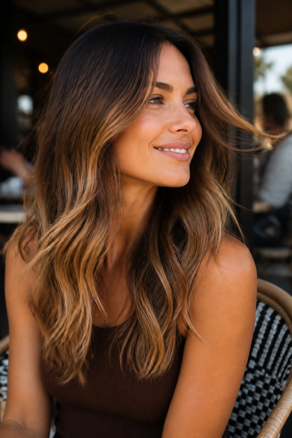 Close-up of mocha bronde melt on brunette with warm lift