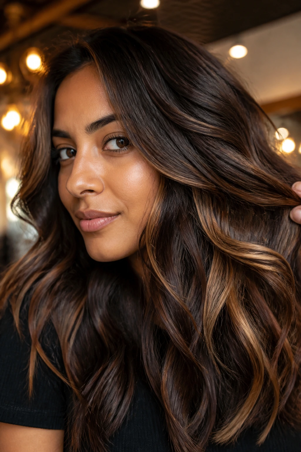 Portrait of a person with mocha brown hair and butterscotch peekaboo ribbons.