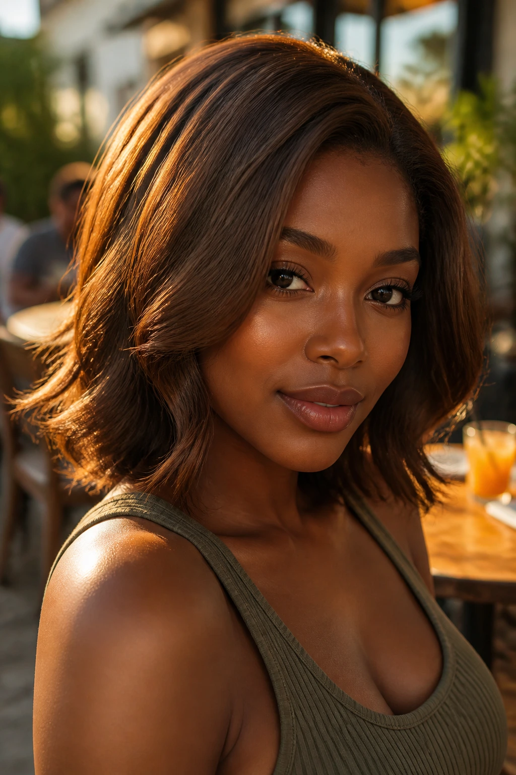 Close-up of a real person with mocha brown hair and warm glow