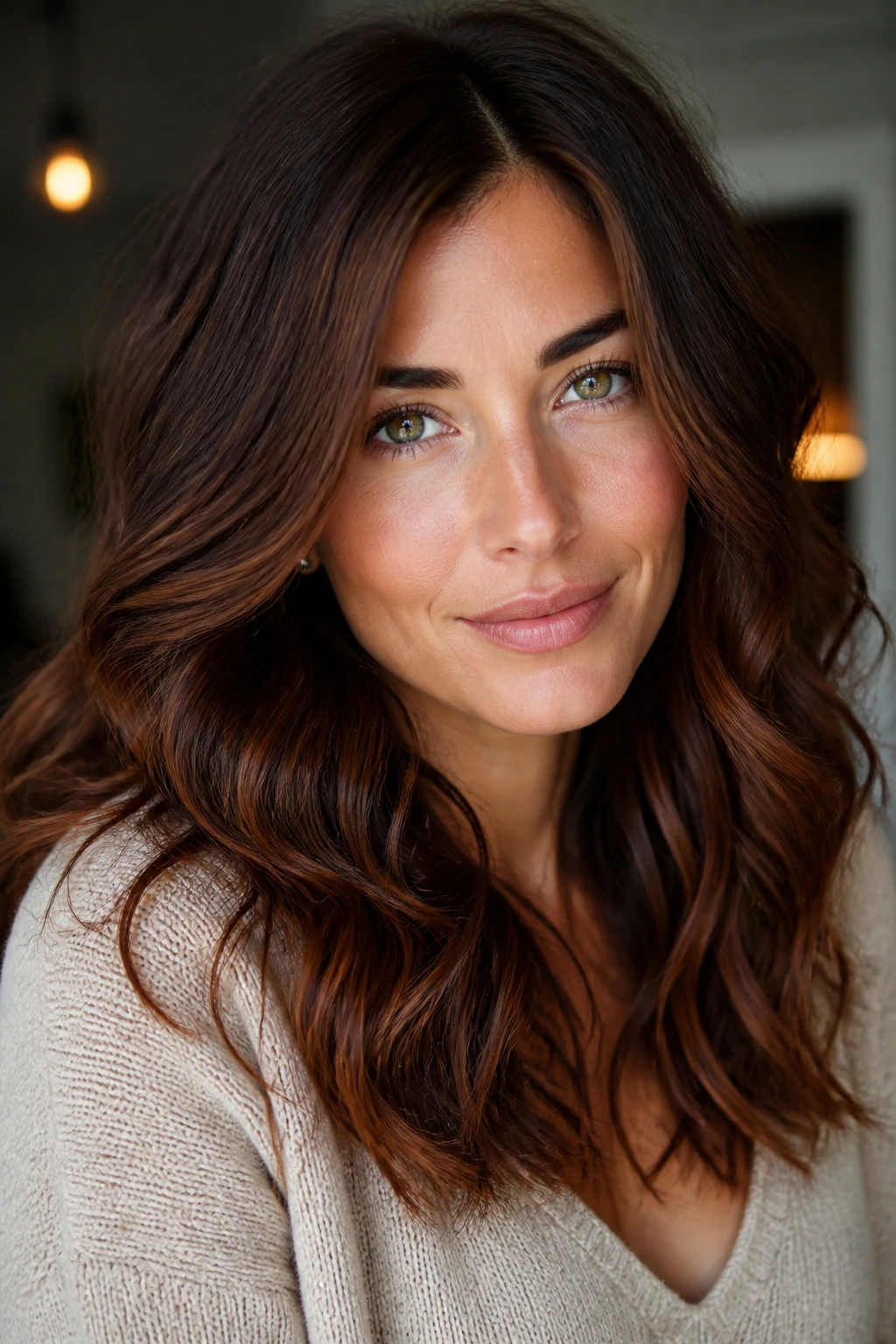 Close-up portrait of a real woman with mocha brunette and auburn lights