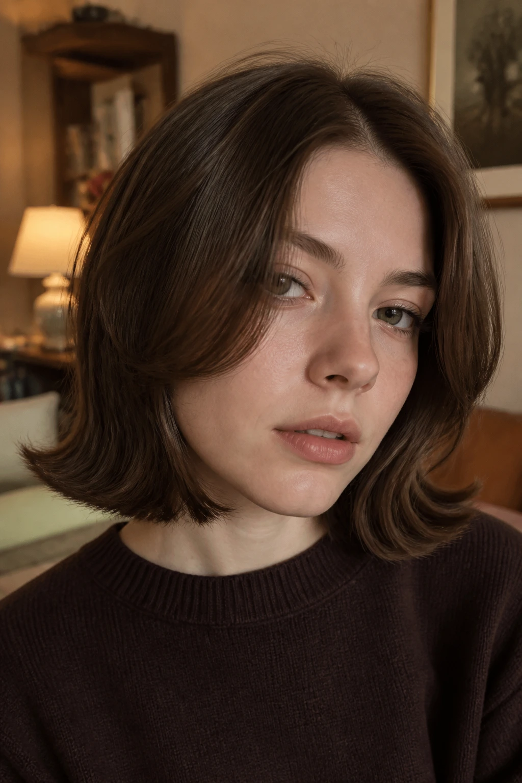 Portrait of a woman with mocha brunette hair and flip-out ends in warm indoor light