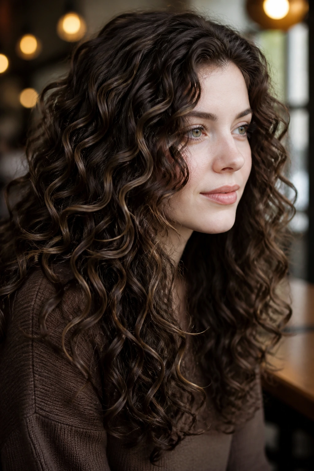 Close-up portrait of a real woman with mocha brunette base and fine gloss lights in curls