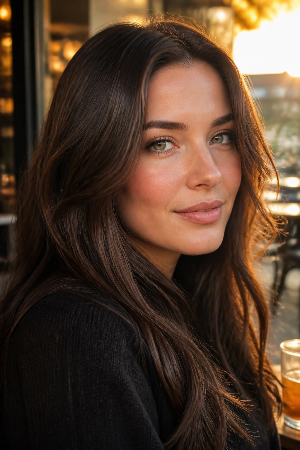 Close-up of a real woman with mocha brunette hair in golden hour light