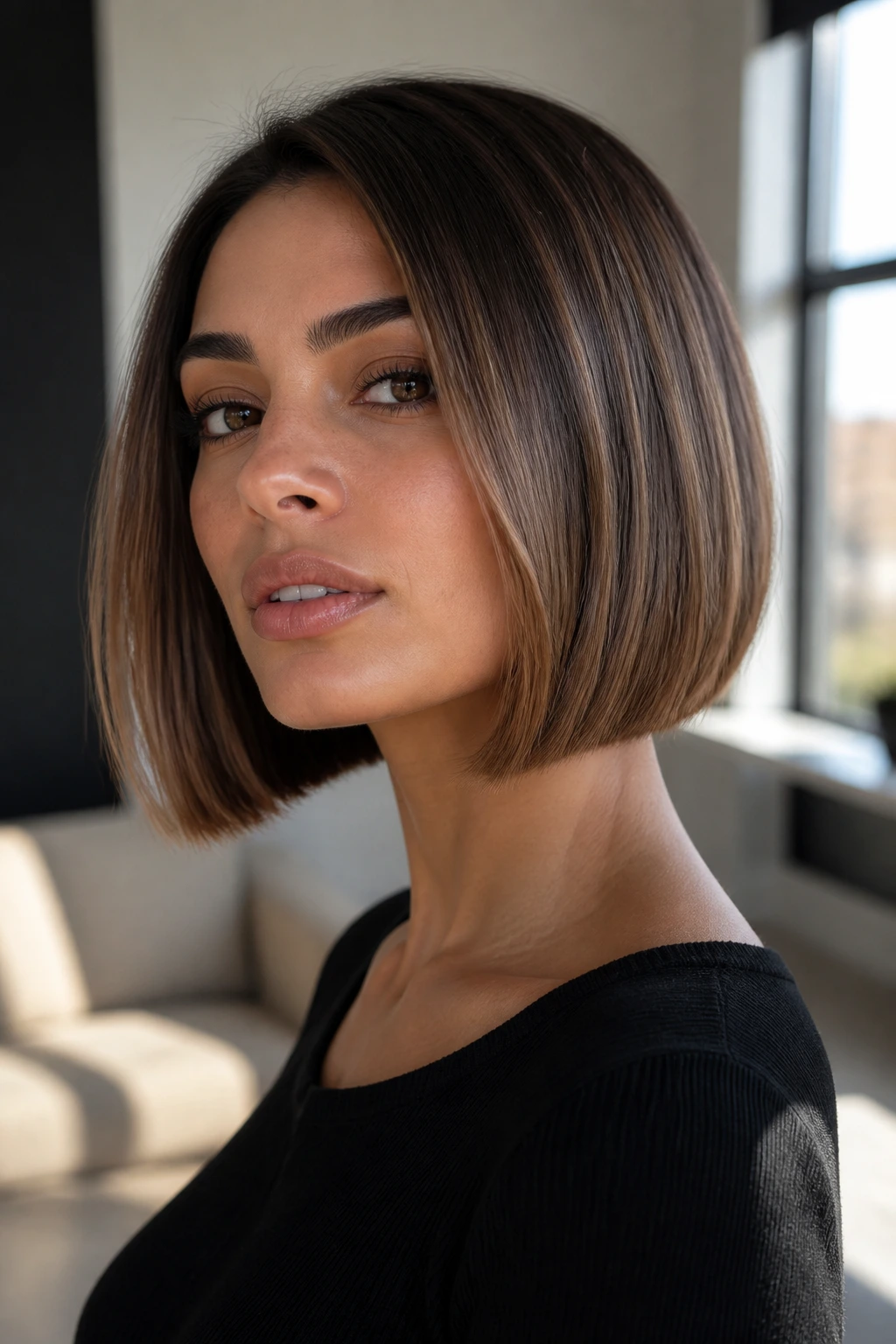 Close-up portrait of a real woman with a mocha caramel bob and clean edges
