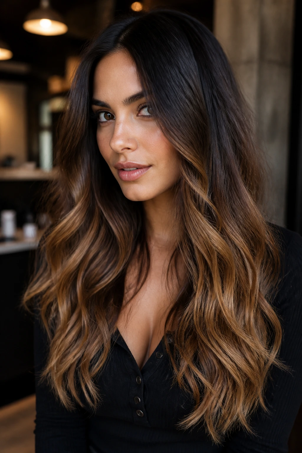 Close-up of a real woman with deep mocha base and honey caramel ends on long brunette hair