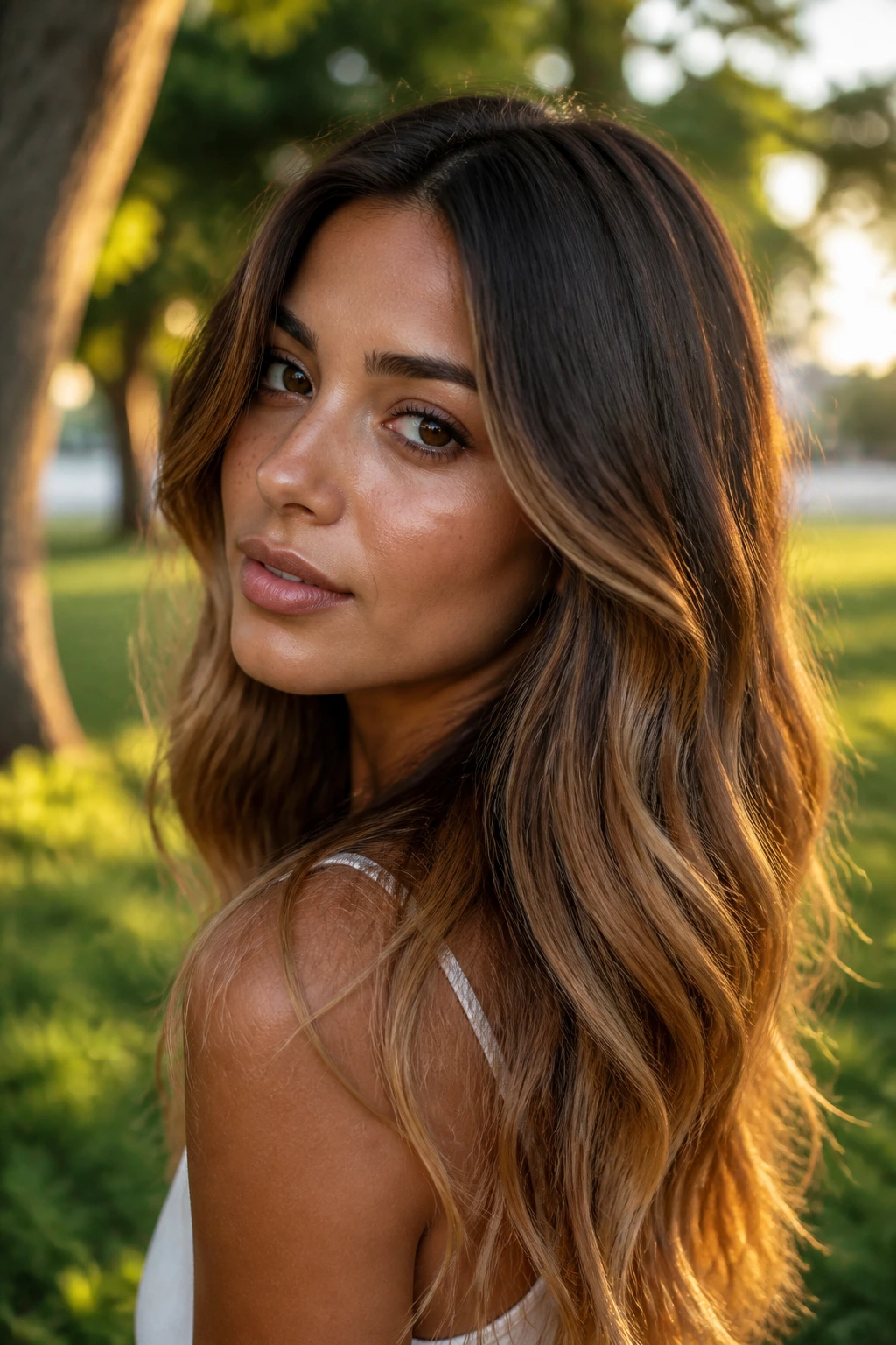 Close-up of hair gradient from mocha to caramel on a real person with soft waves