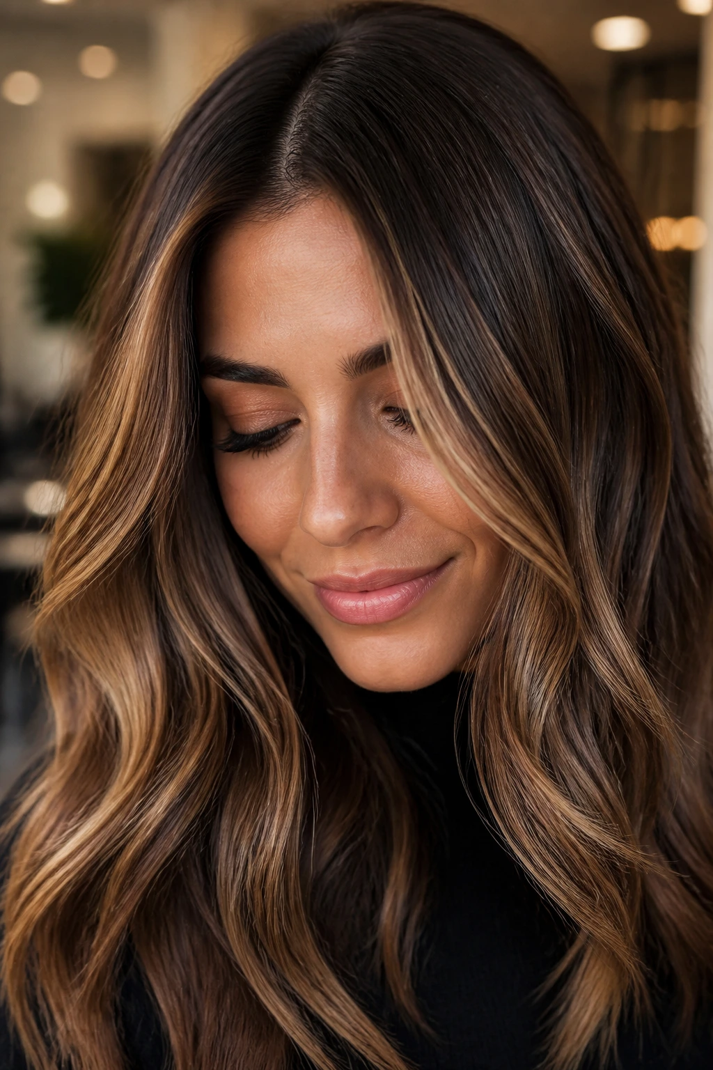 Mocha base hair with honey veils on a real person