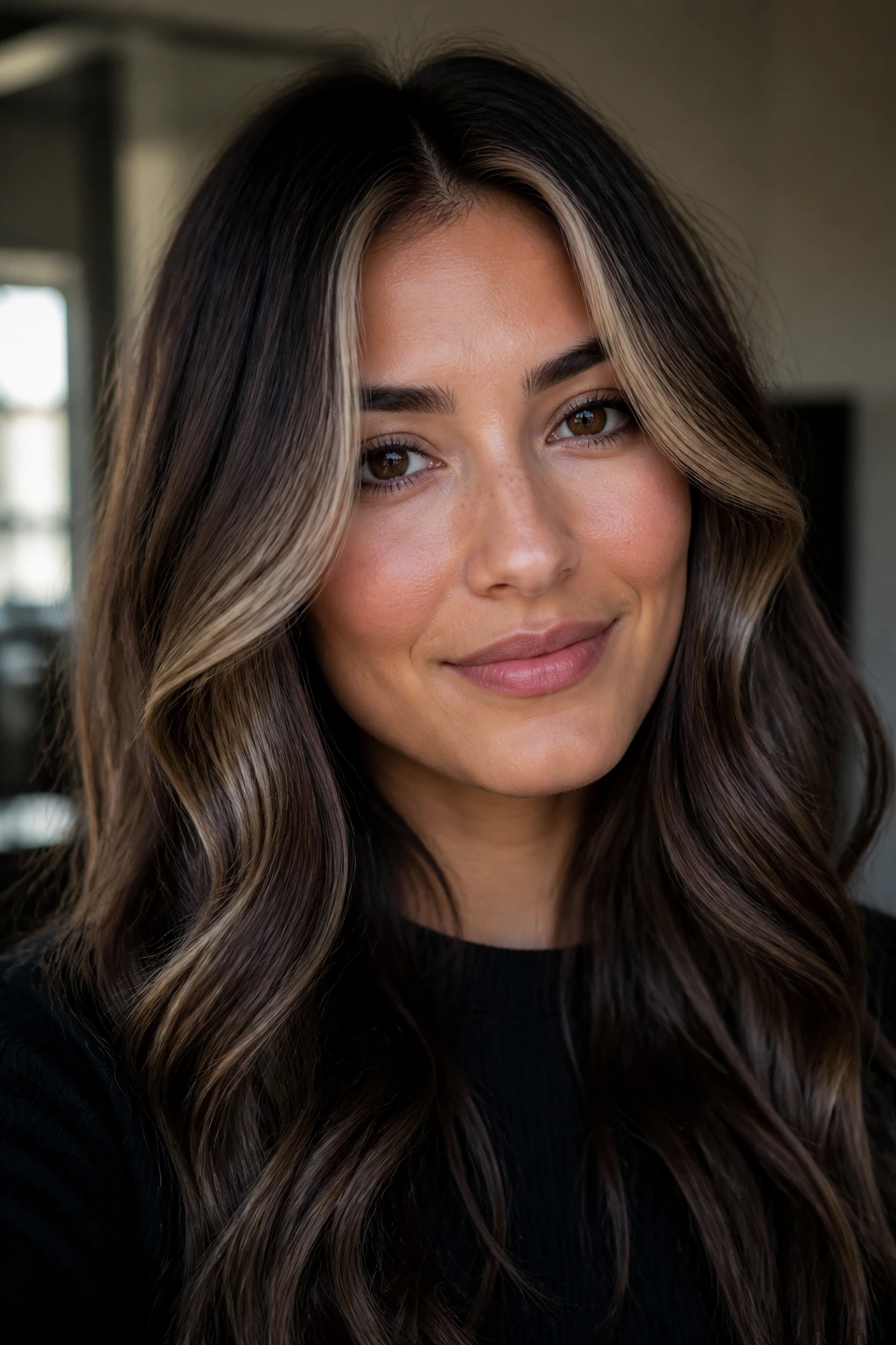 Close-up of hair with cool mocha base and beige money piece
