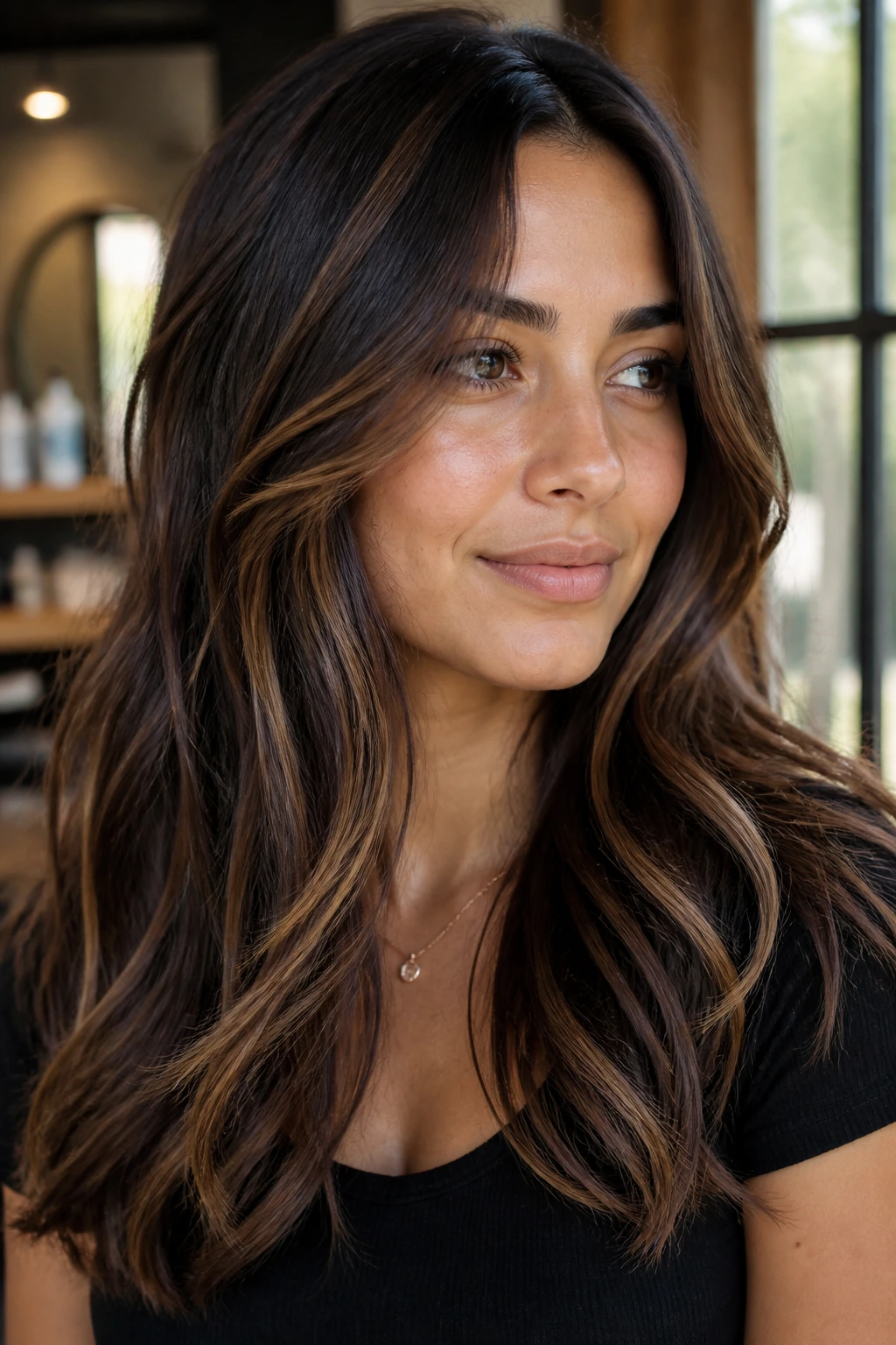 Close-up portrait of a real woman with mocha base and caramel thread highlights on olive skin.