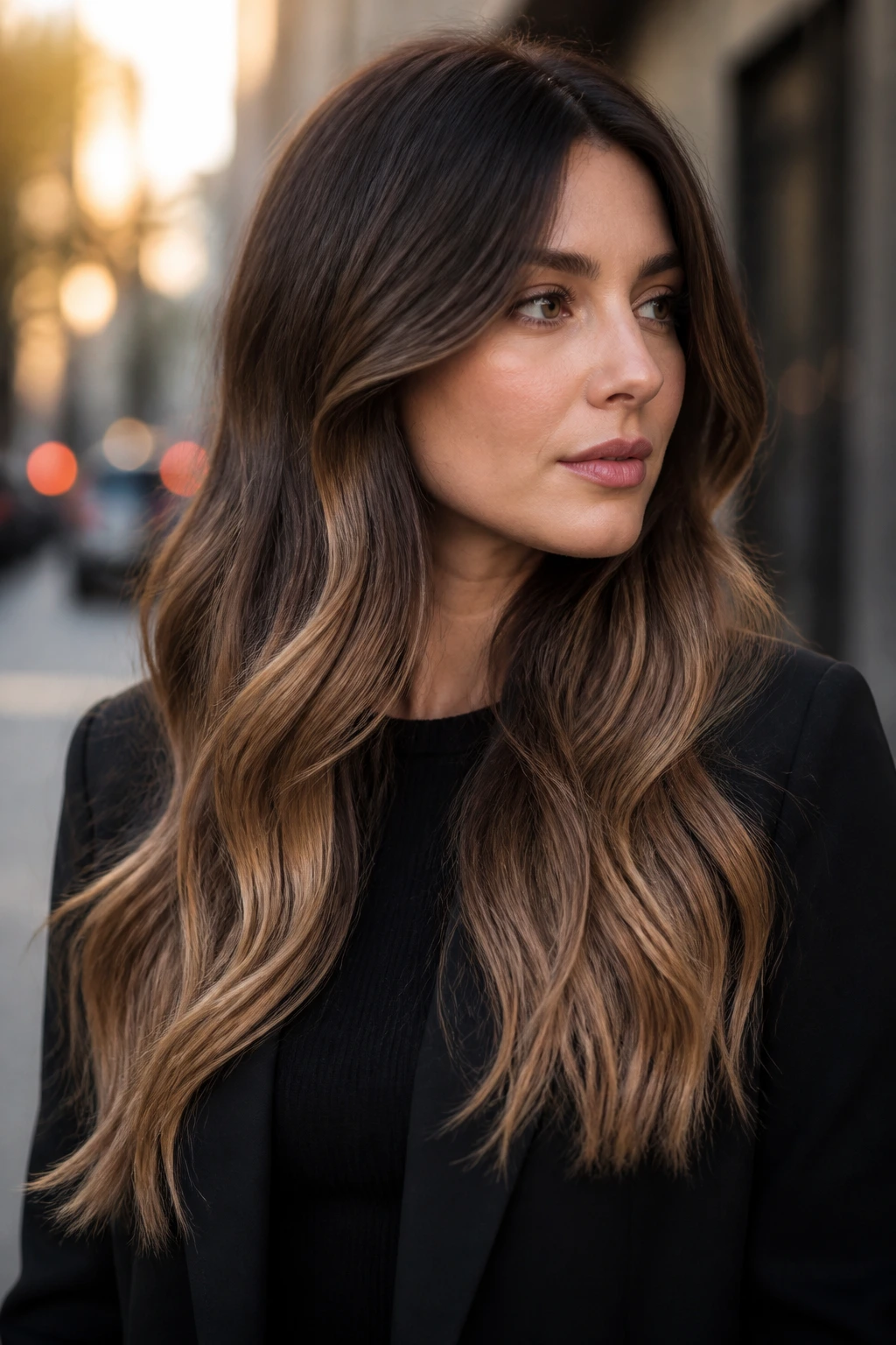 Portrait of a real person with long cool mocha-caramel ombré hair
