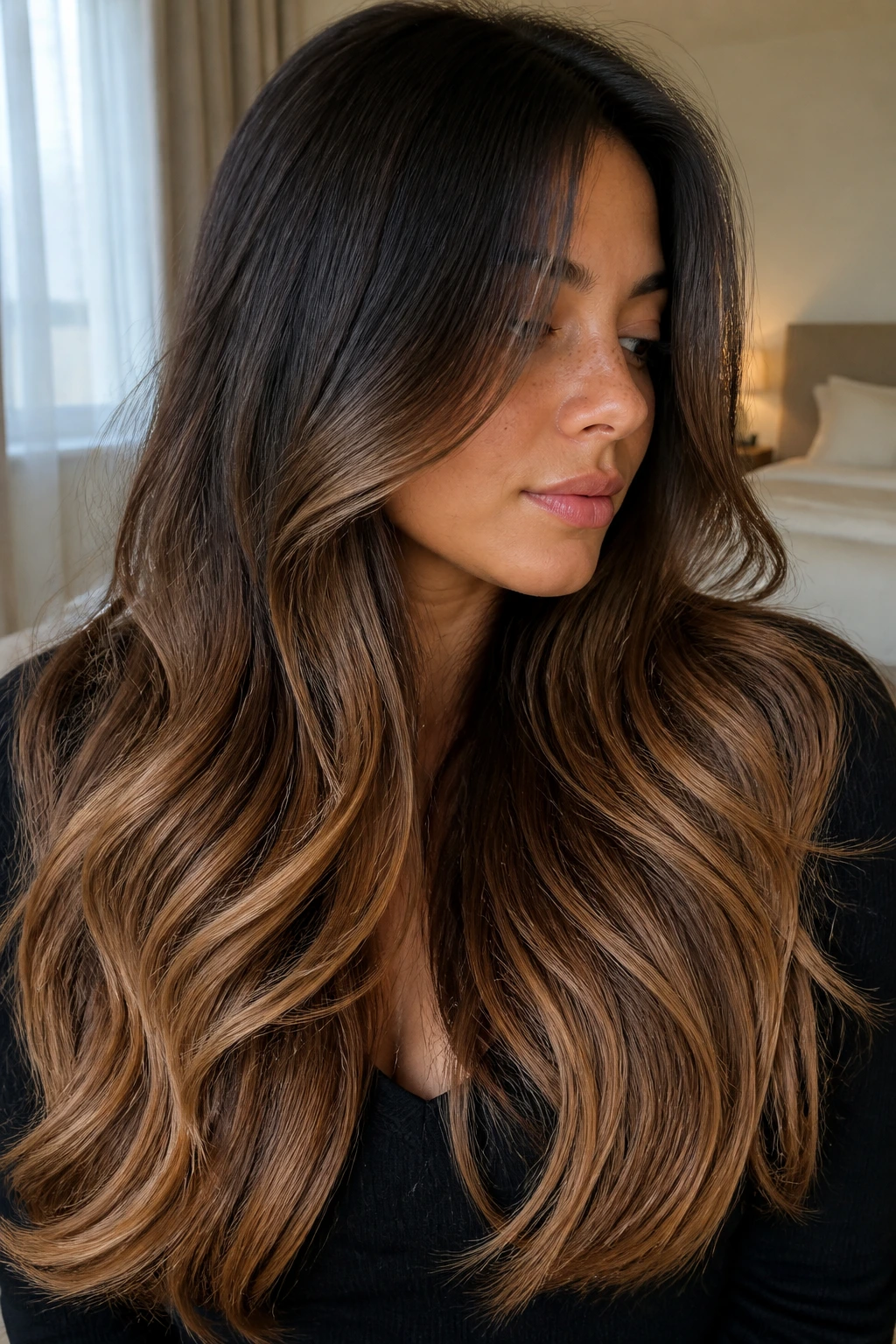 Close-up of real woman with melted mocha-to-caramel ombre on thick hair in natural window light
