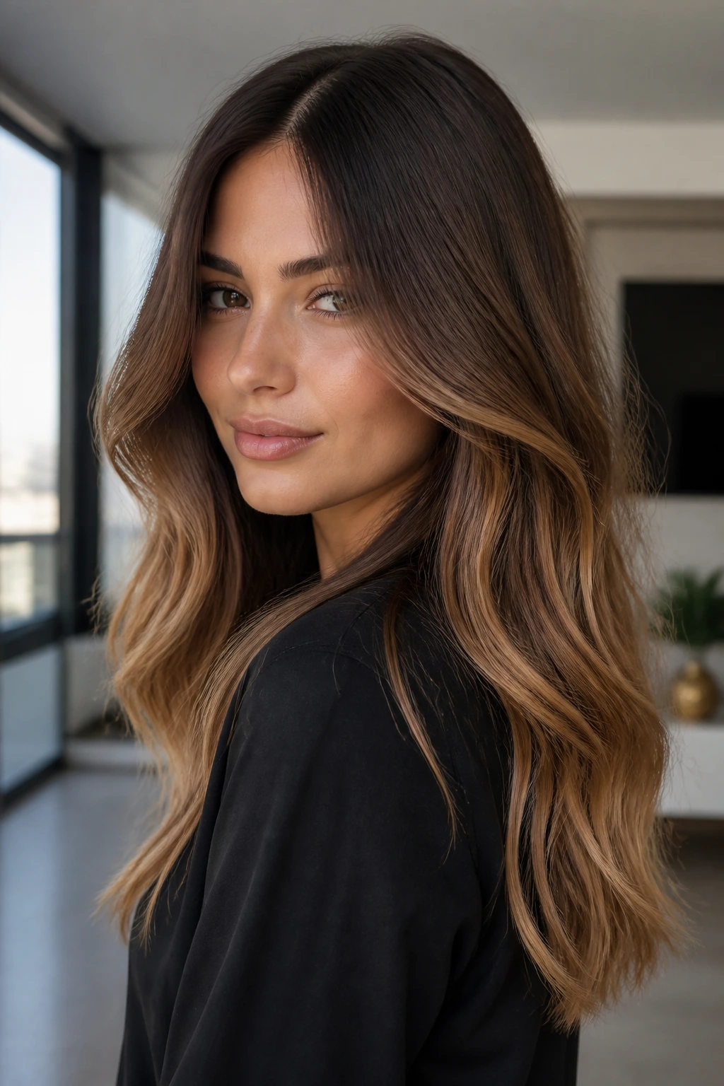 Portrait of brunette with mocha caramel sombre gradient.