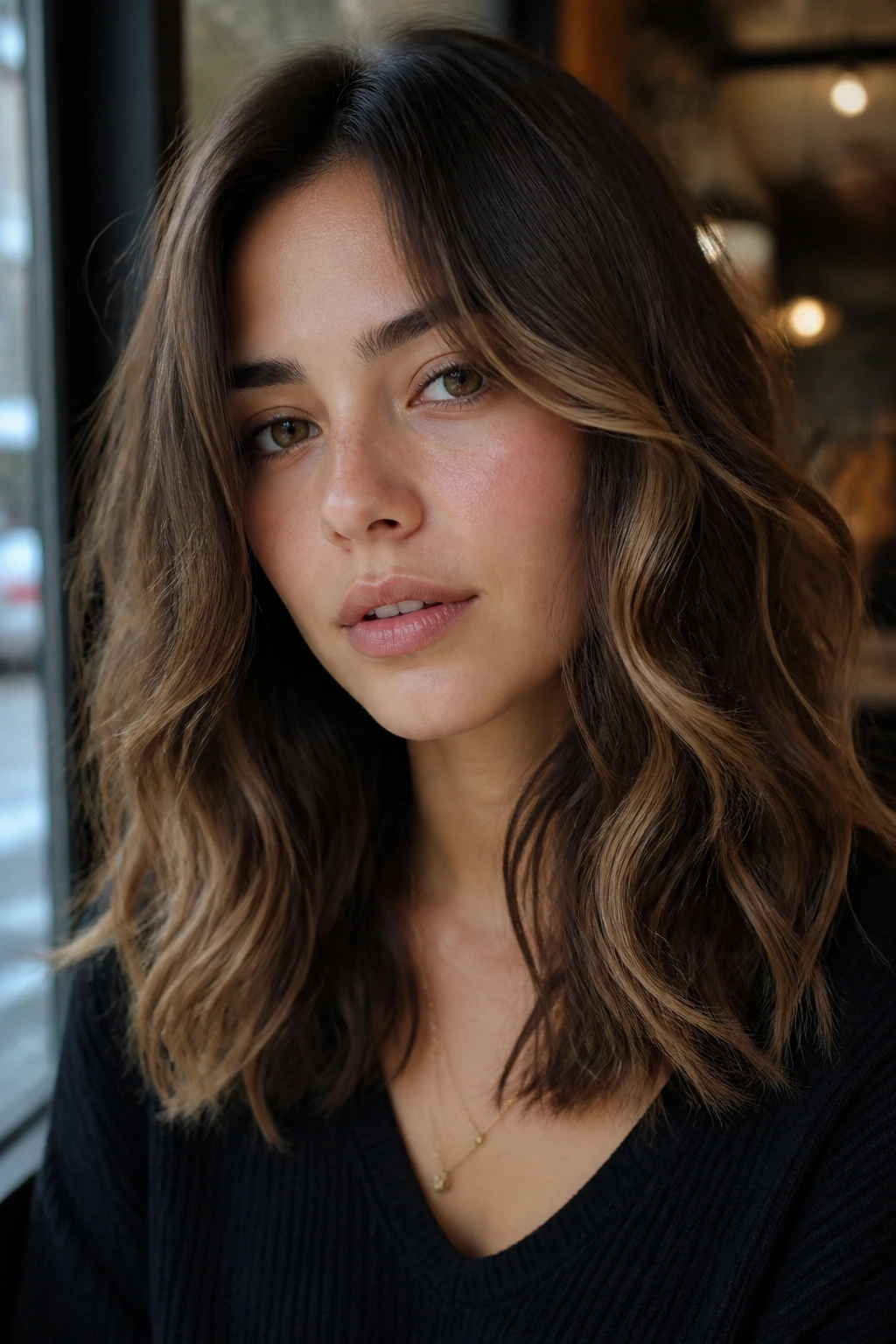 Close-up of a woman with mocha caramel sweep on wavy mid-length hair in cafe light