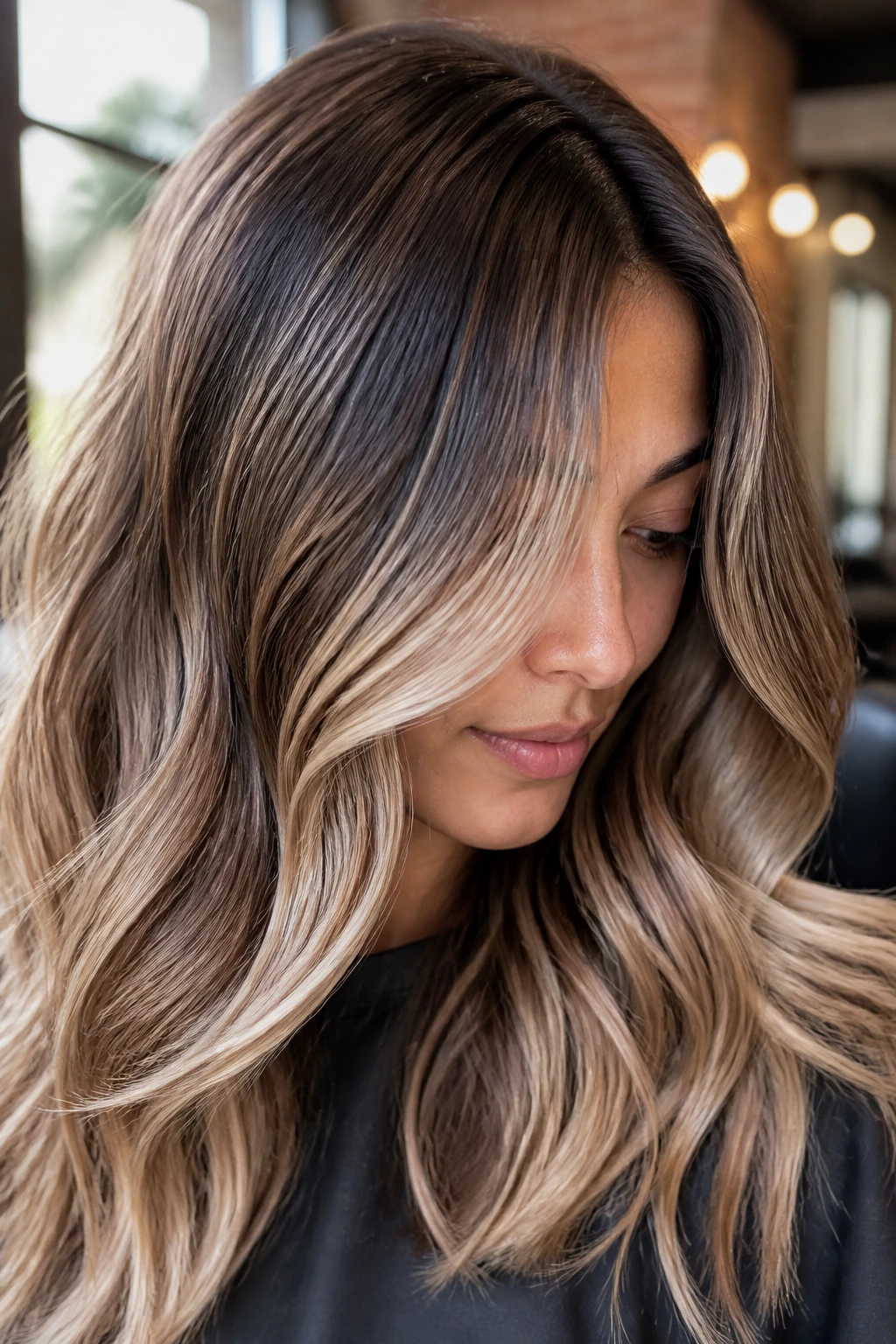 Close-up portrait of a real woman with mocha roots and champagne ends in warm salon light
