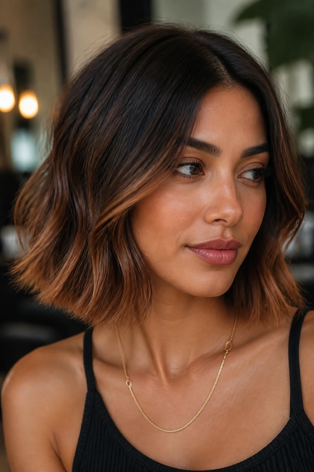 Close-up of real woman with mocha-to-cinnamon ombre bob in warm salon lighting