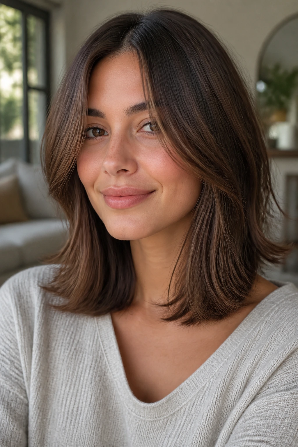 Real woman with mocha collarbone-length layers and soft center part framing the face