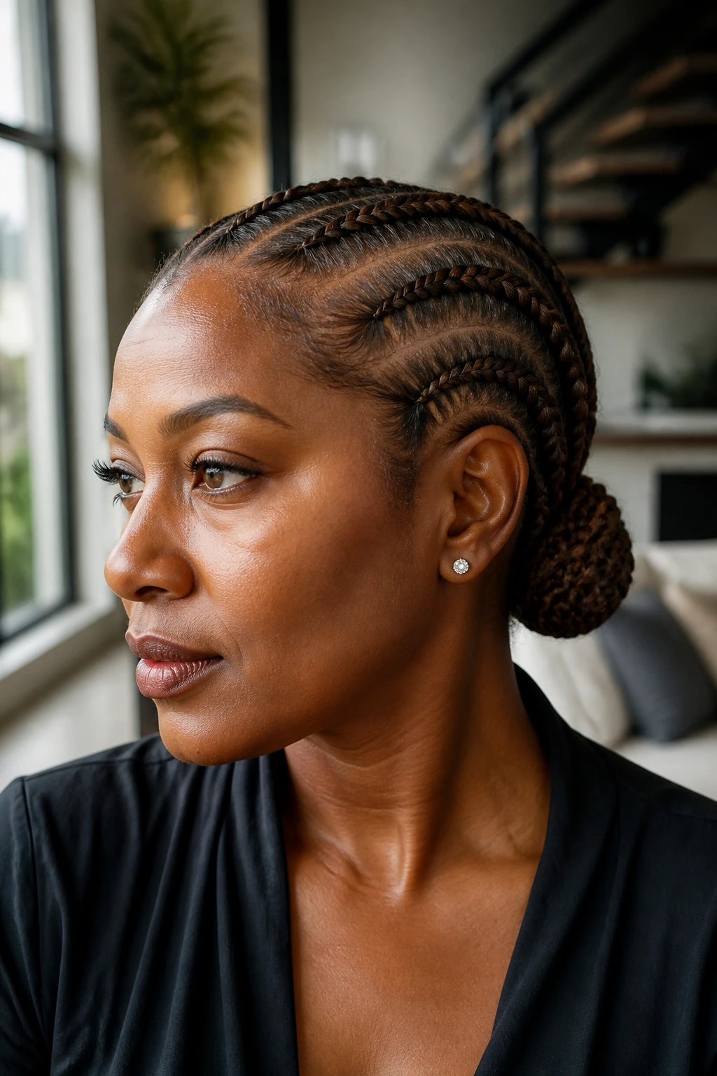 Close-up of Mocha Cornrows Into a Low Bun on deep skin