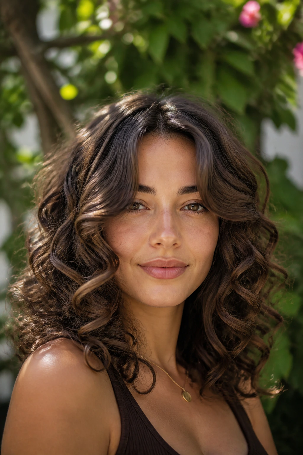Brunette with mocha curls and oval-framing front pieces in garden