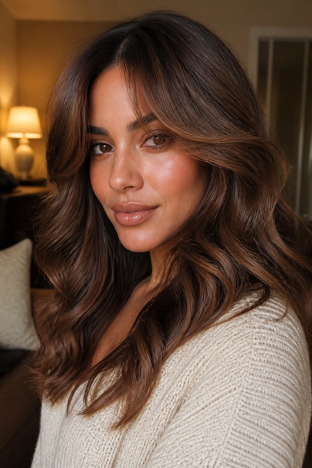 Real woman with mocha curtain bangs and soft waves in warm living room lighting