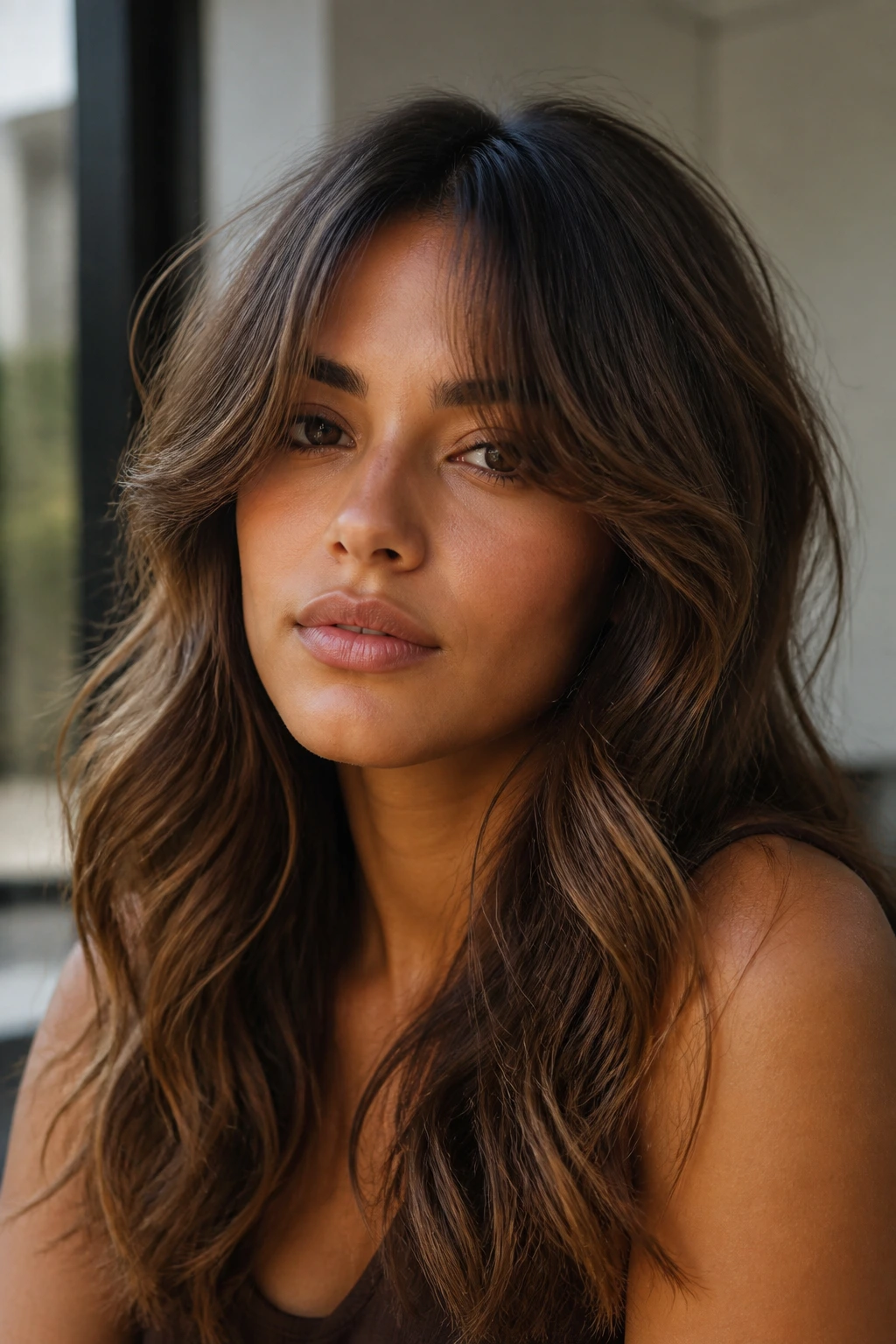 Close-up portrait of mocha curtain bangs with waves