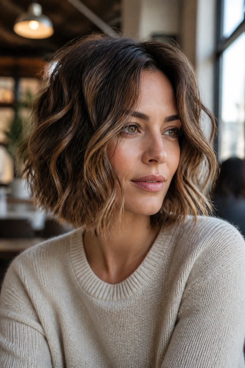 Close-up portrait of a real woman with a tousled wavy bob and mocha dimension highlighting.