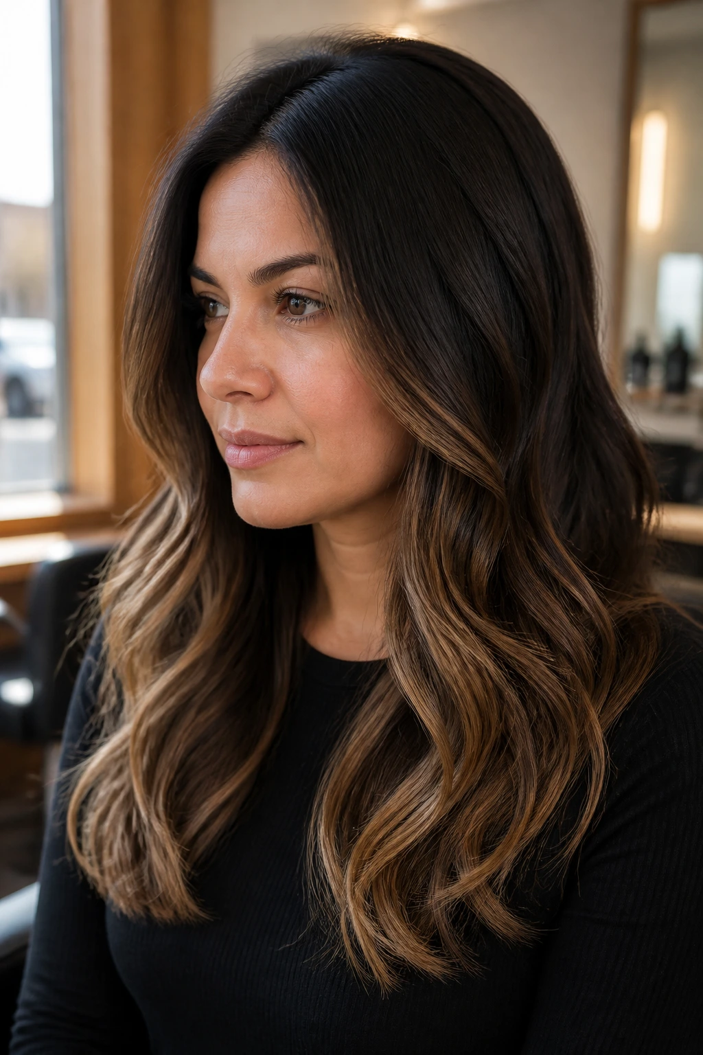 Close-up portrait of a real person with dark brunette hair showing a mocha base and camel ends with low-lift highlights
