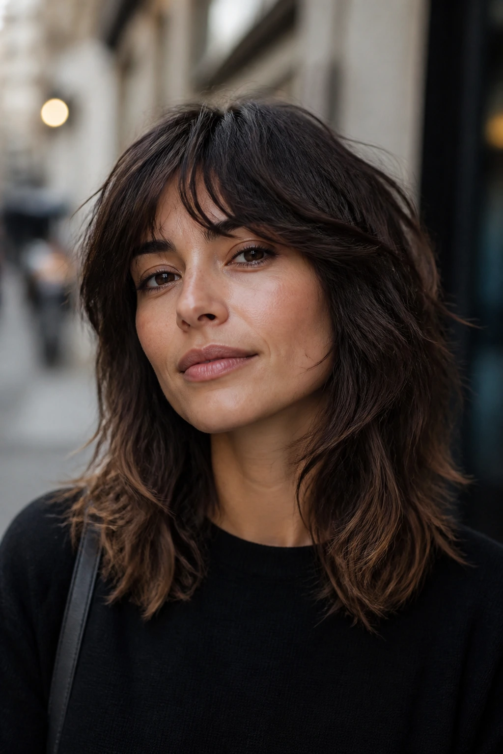 Portrait of a real woman with textured shag and mocha ends.