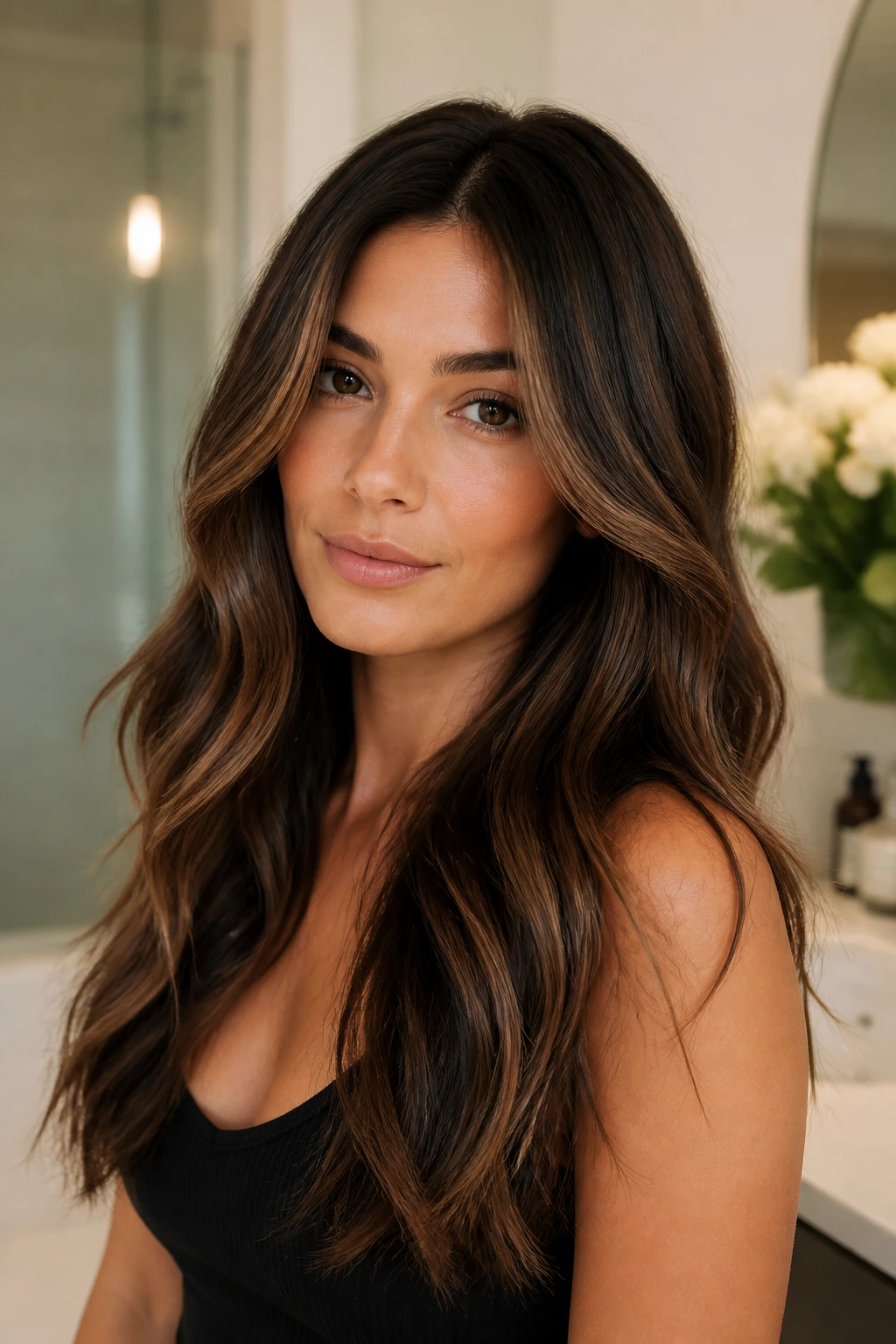 Brunette with mocha face-framing balayage near the front