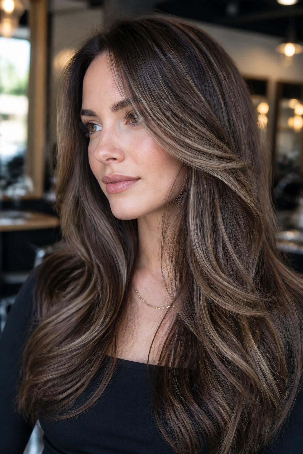 Close-up of a real woman with mocha foilayage on long layers
