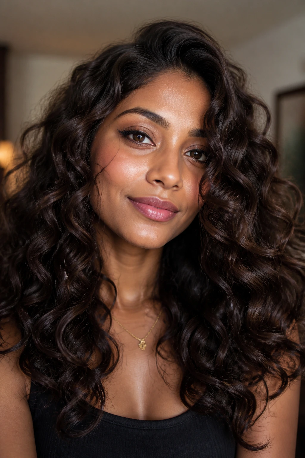 Portrait of a real woman with deep mocha glossy curls