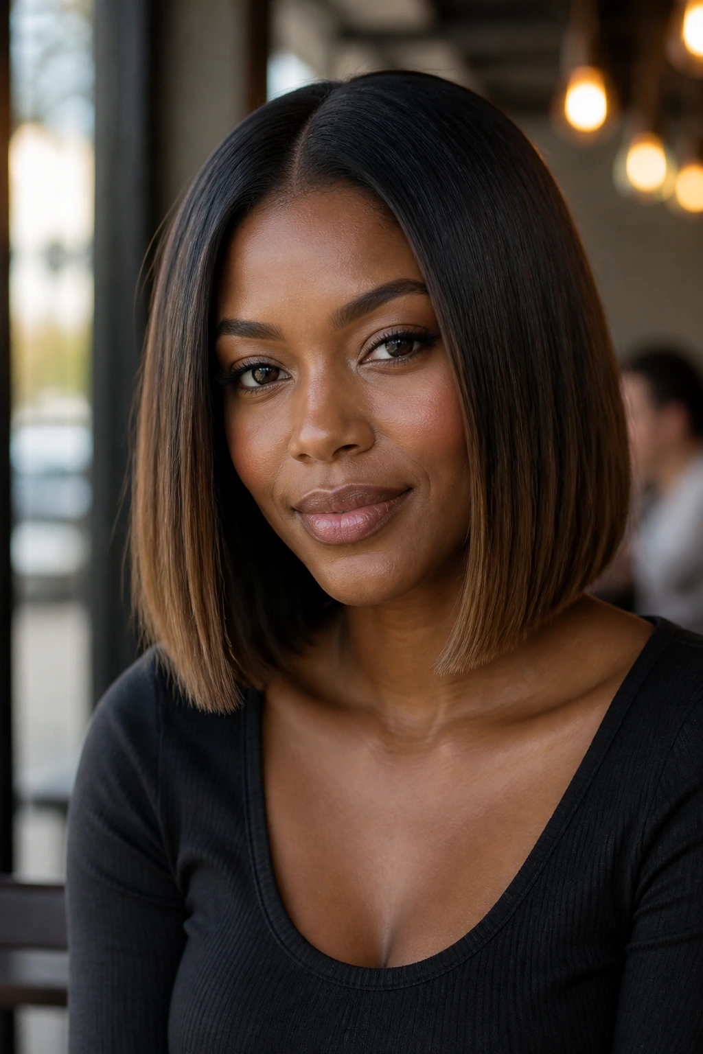 Close-up portrait of a real woman with mocha glow on a blunt lob