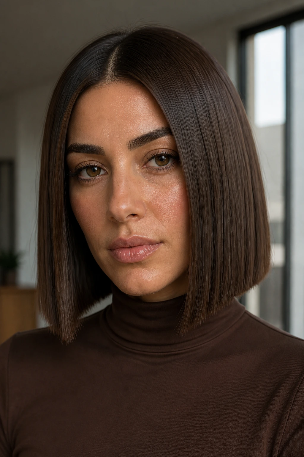 Close-up of a real woman with mocha blunt cut on olive skin in soft indoor light