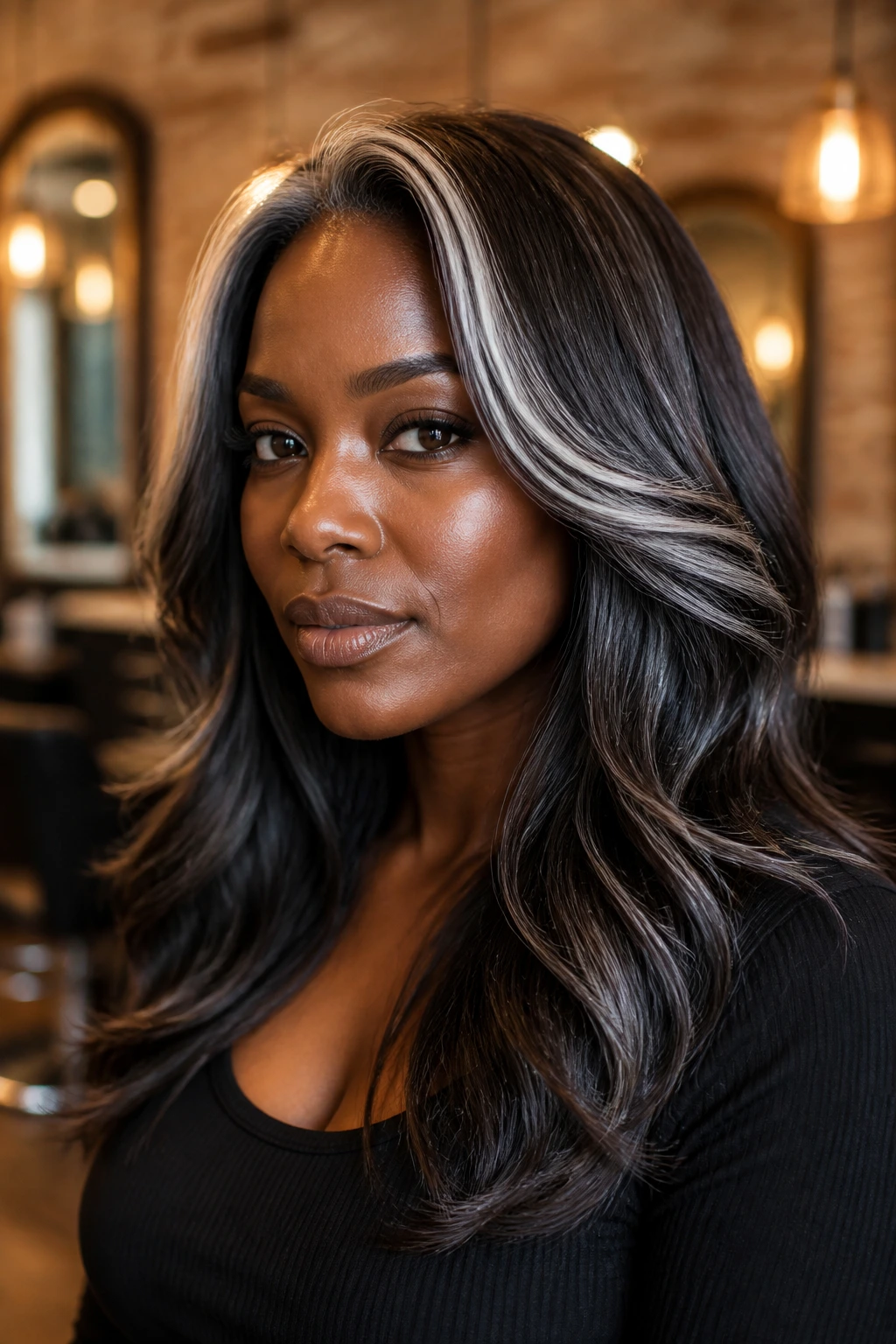 Close-up portrait of a real woman with deep mocha hair and silver streaks near the front in warm lighting.