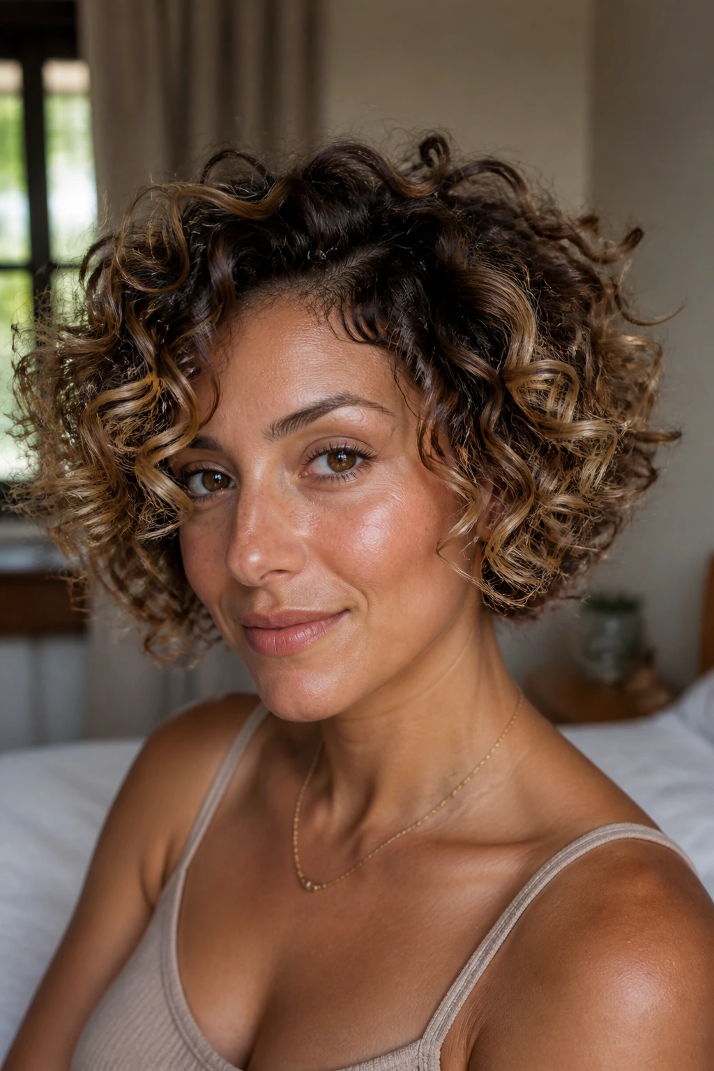 Portrait of woman with mocha hair and bright ends on short curls.