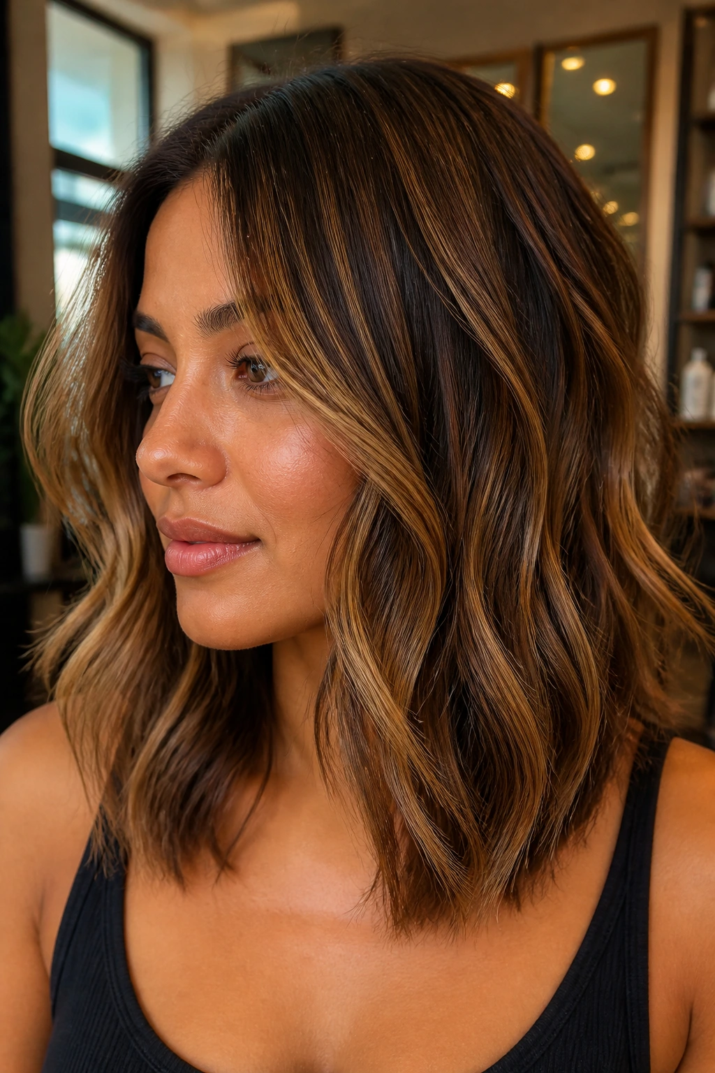 Close-up of a real woman with mocha and honey dimension hair highlights.