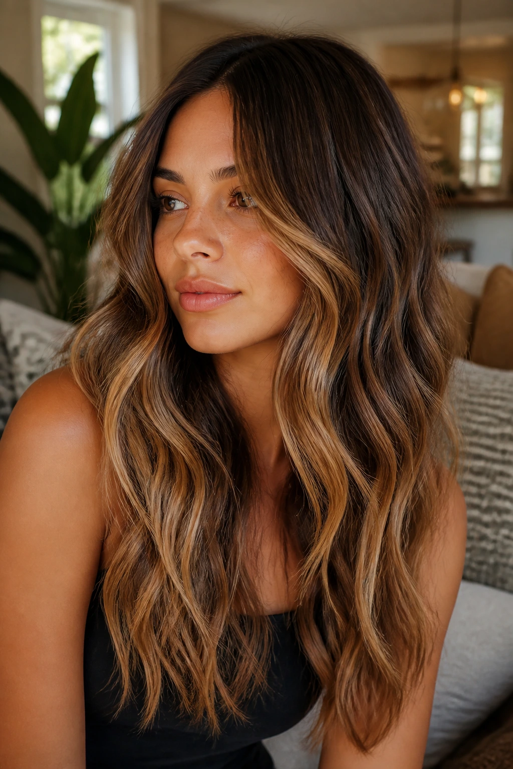 Portrait of a woman with mocha-to-honey melt on beachy waves
