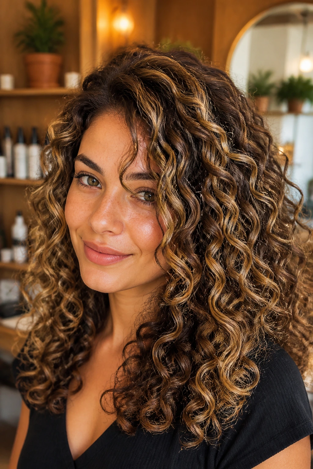 Close-up of a real woman's curly hair with mocha-laced blonde highlights and lowlights in a warm salon setting.