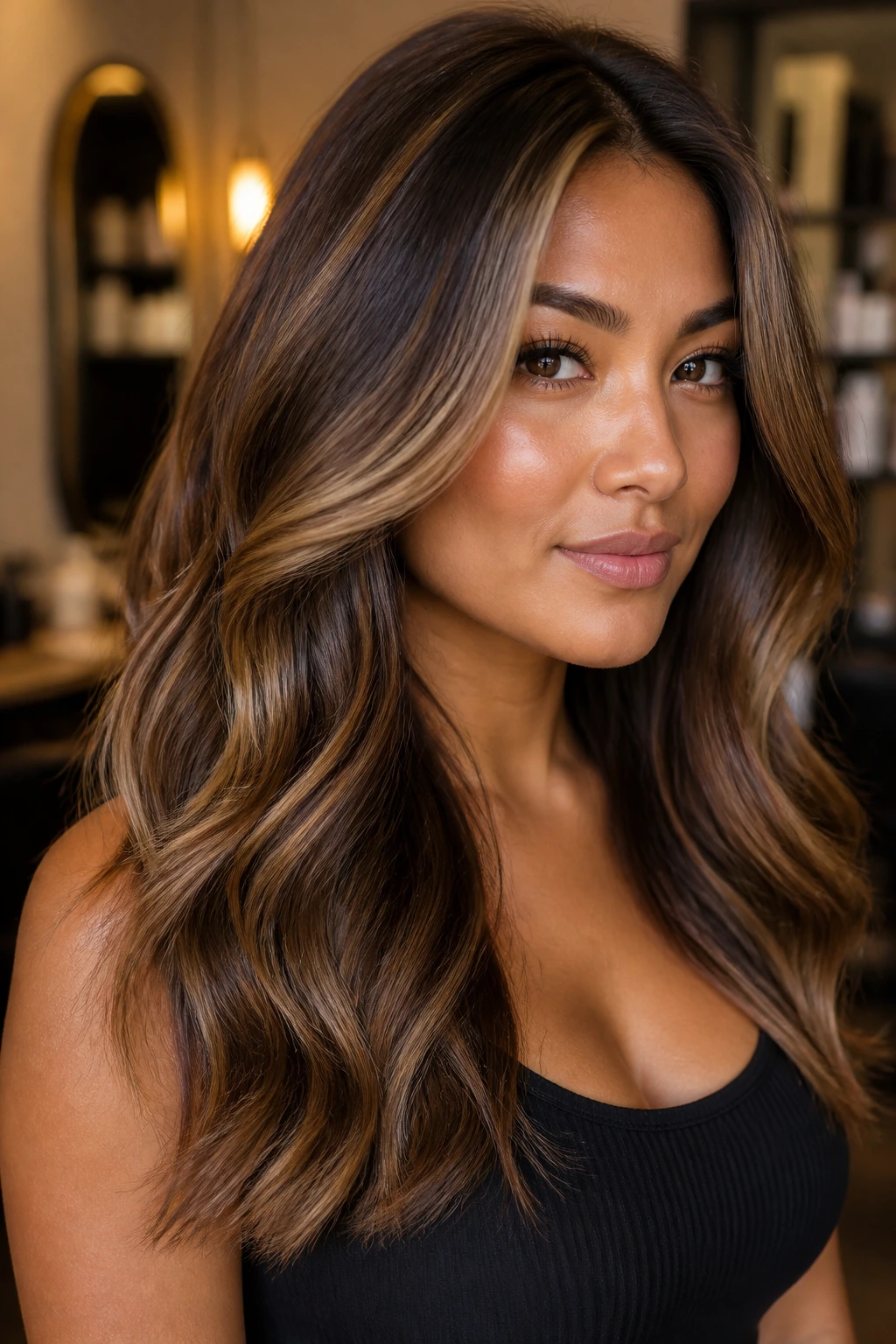 Close-up portrait of real person with mocha latte dimension hair featuring mocha brown base and caramel highlights.