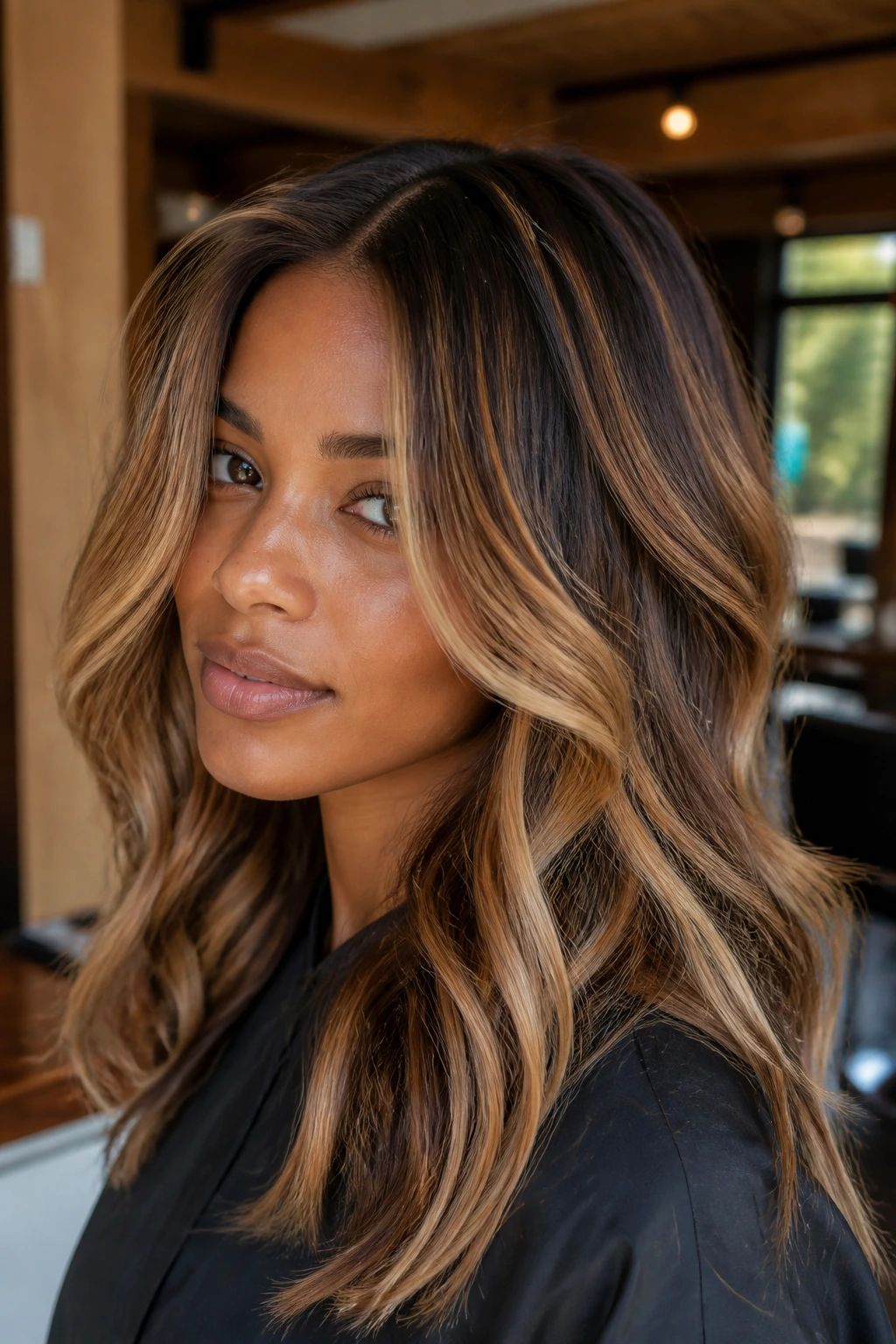 Close-up of a real woman with mocha roots and latte foil highlights in a foilayage look