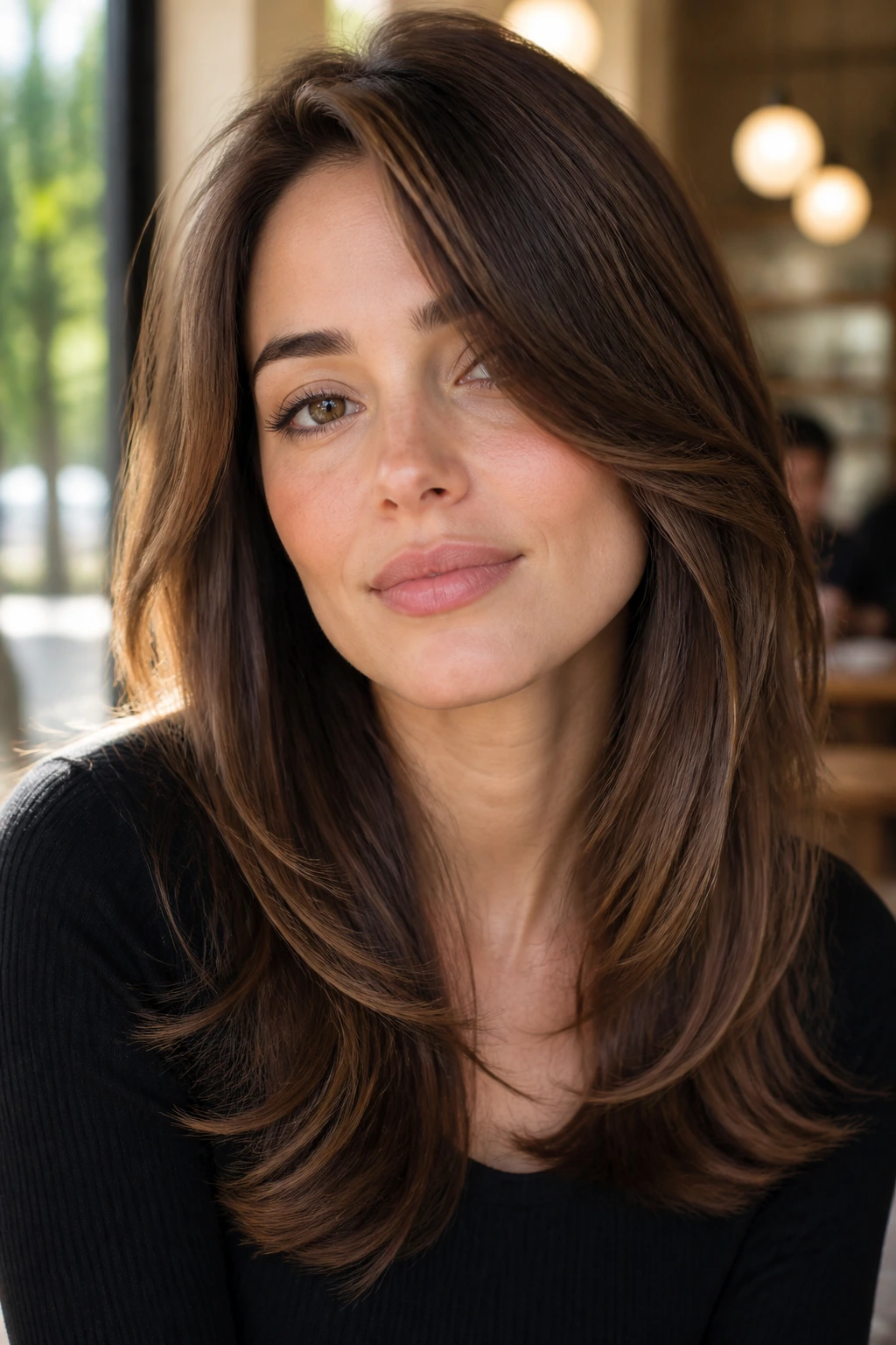 Portrait of heart-shaped face with mocha layers and side-swept front