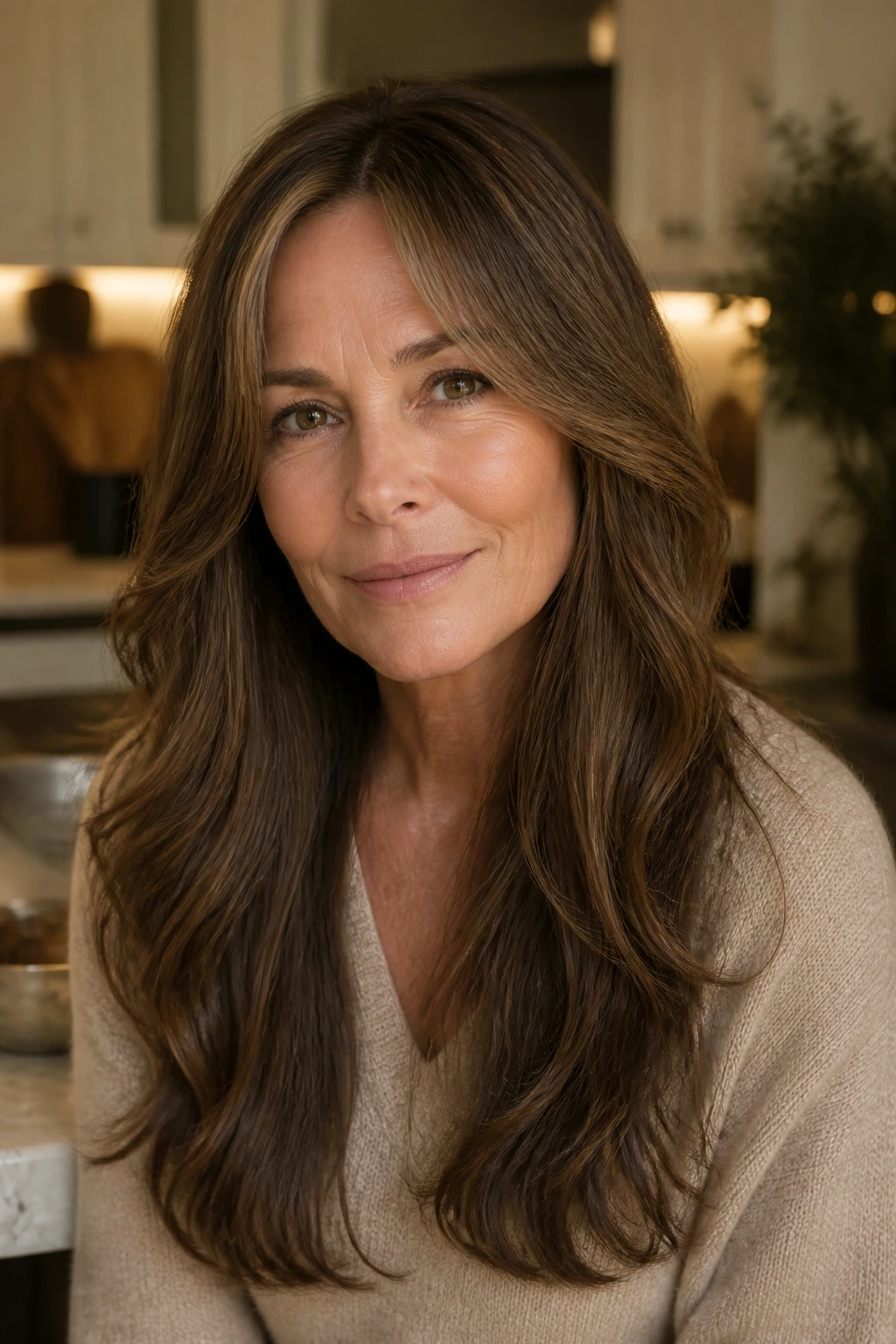 Long glossy mocha hair with invisible layers and curtain bangs