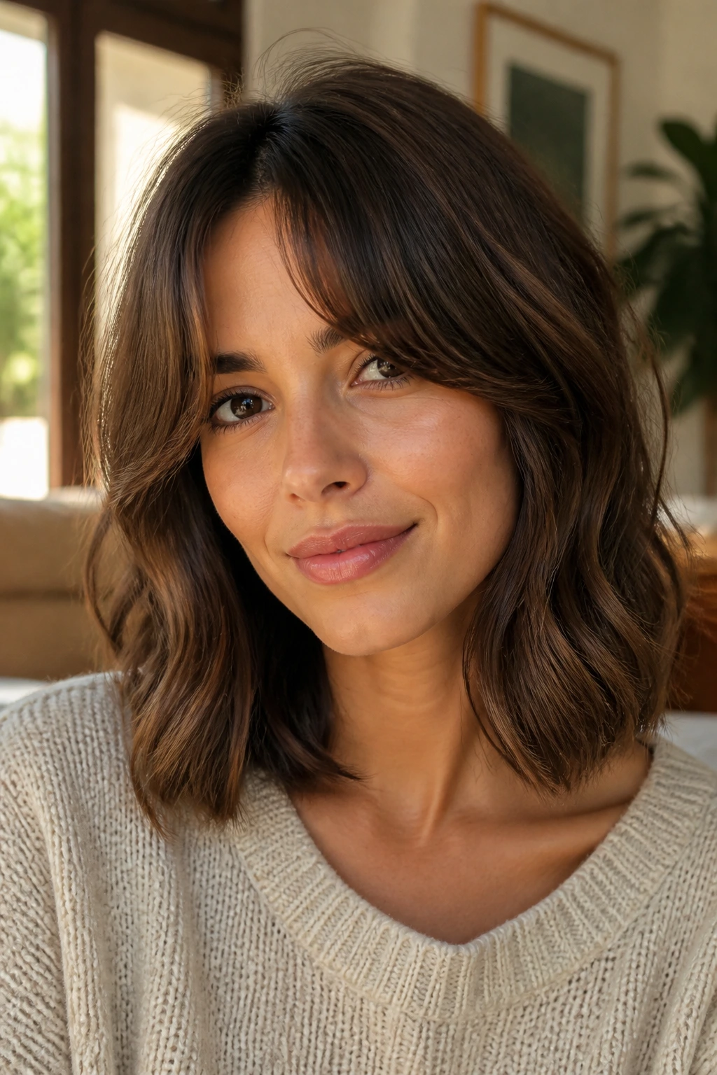 Real person with mocha lob and curtain bangs portrait