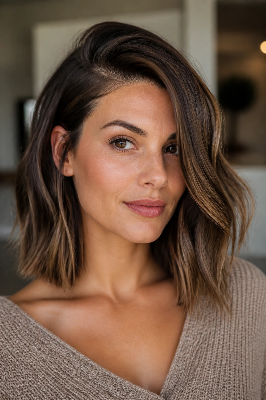 Portrait of a mocha lob with deep side part and dimensional lowlights