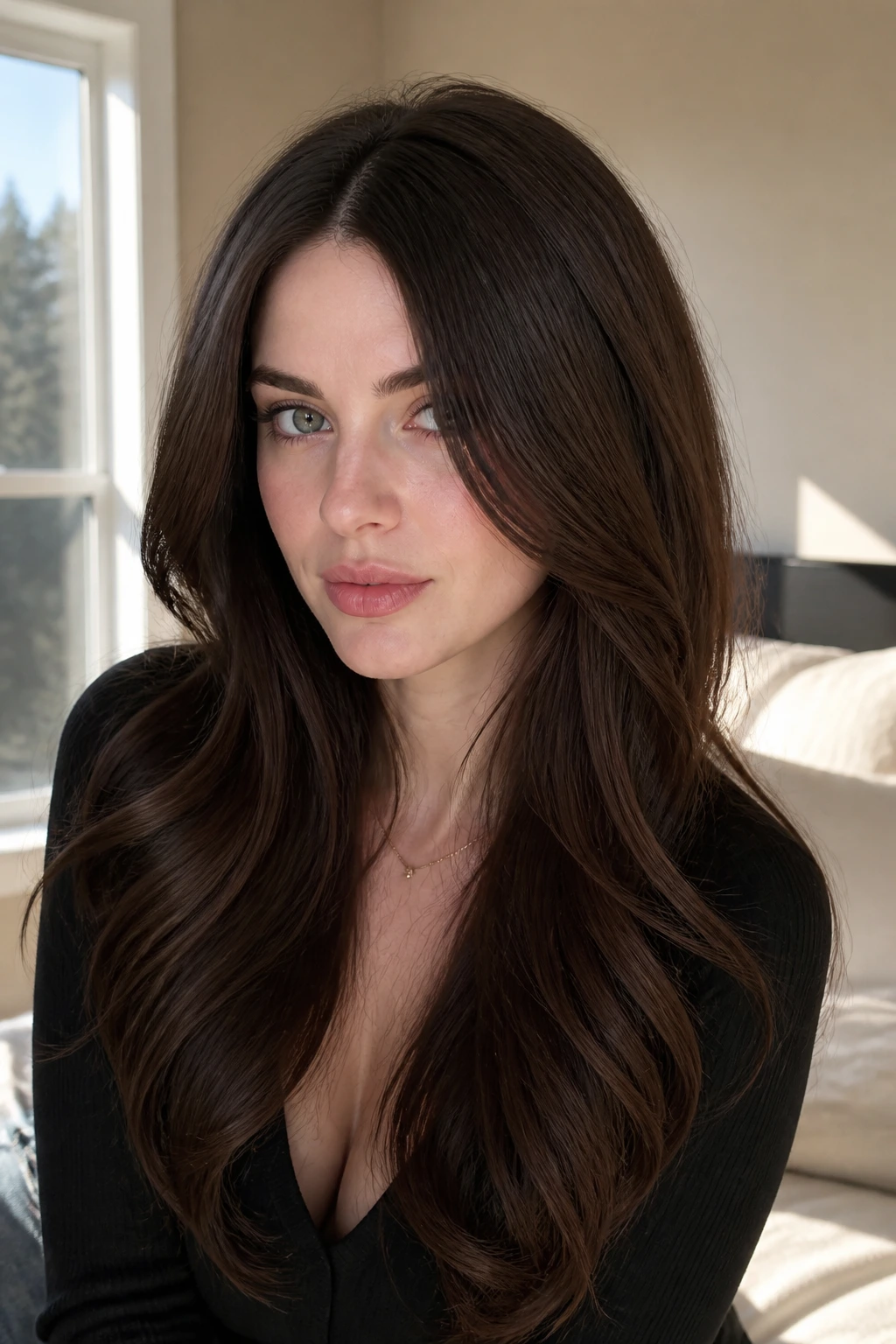 Close-up of deep mocha brunette with long layers and middle part.