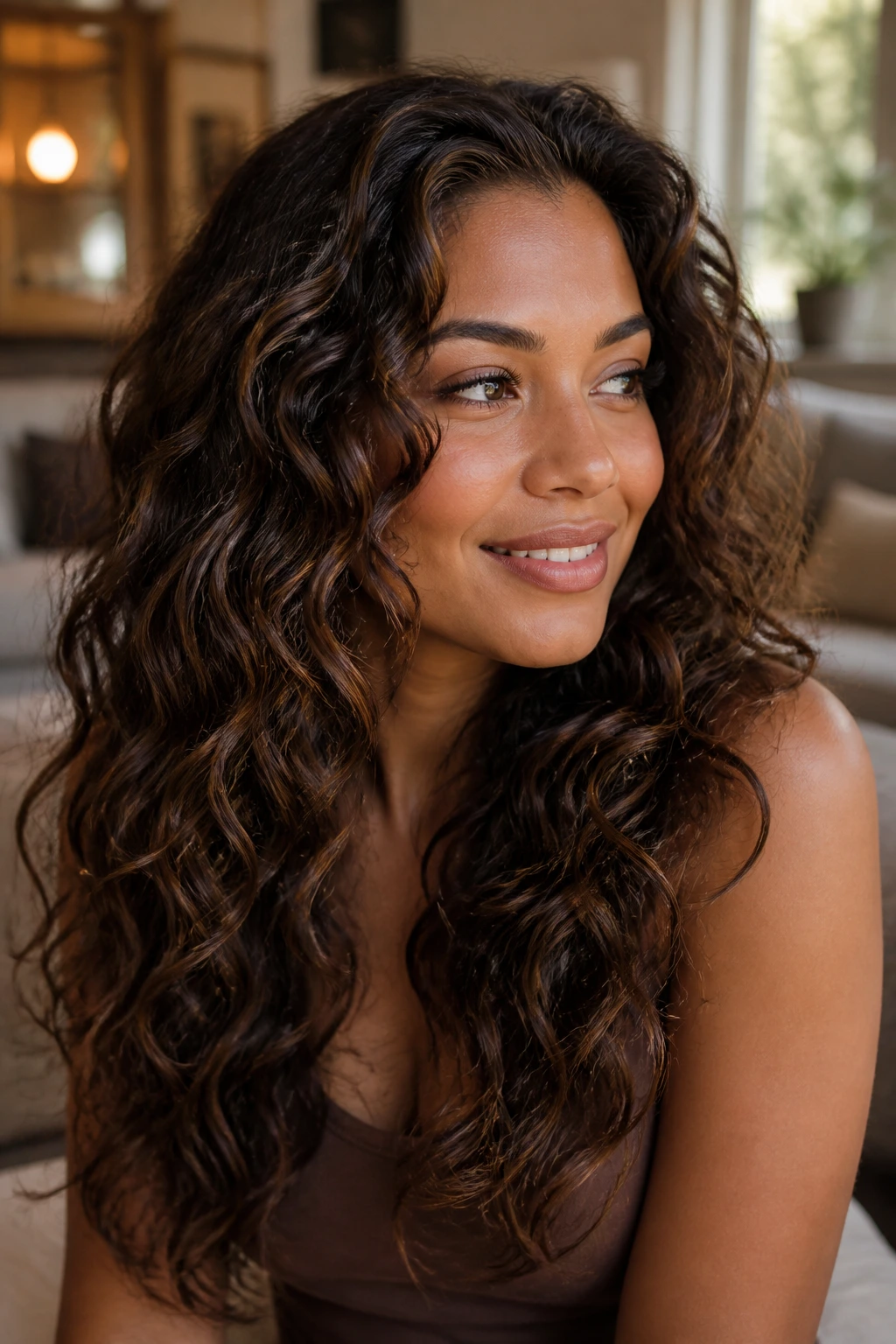 Close-up of a real woman with mocha lowlights adding depth to brunette curls