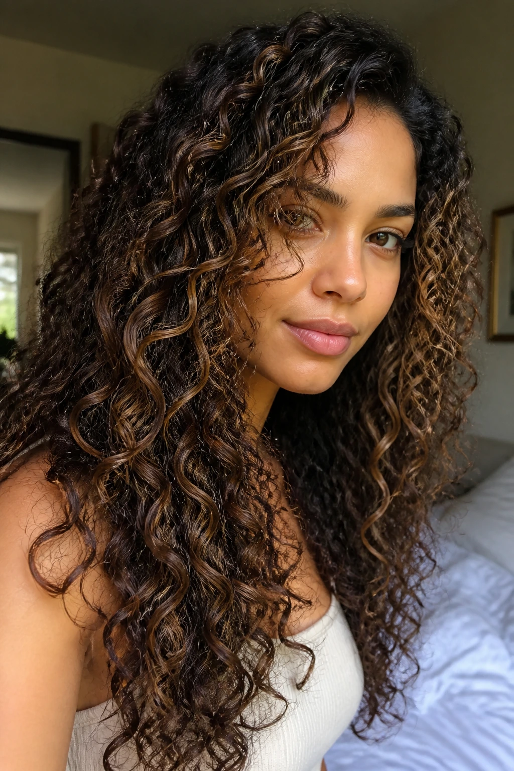 Long layered curls with mocha lowlights under the top layer