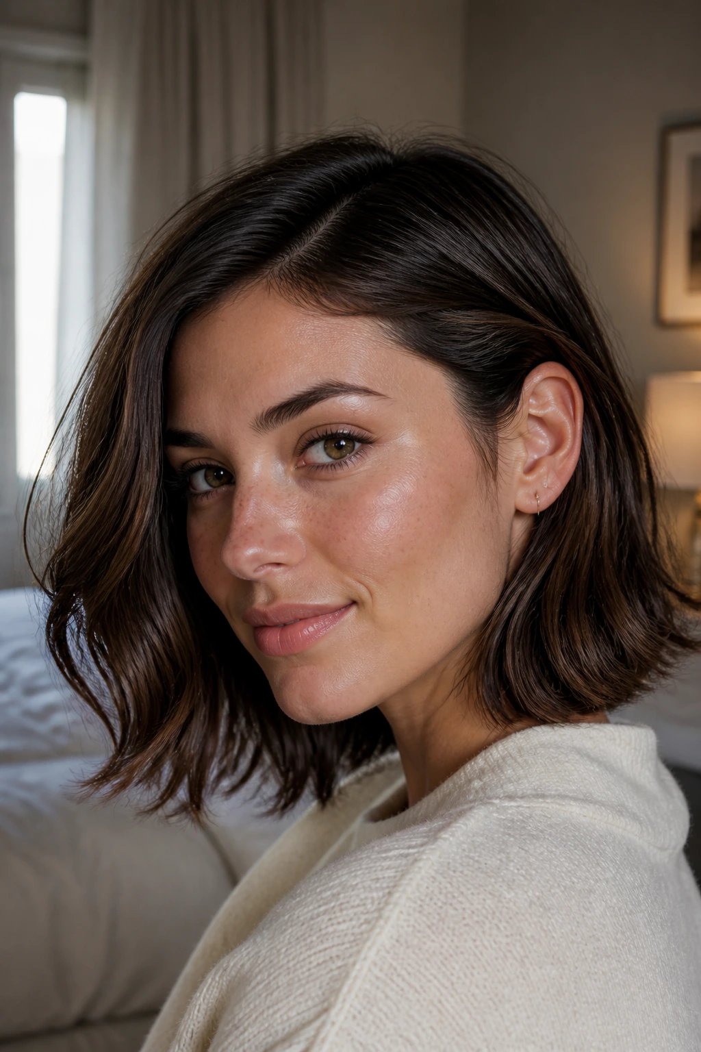 Close-up of a real woman with mocha lowlights tucked-behind-ear lob hairstyle.