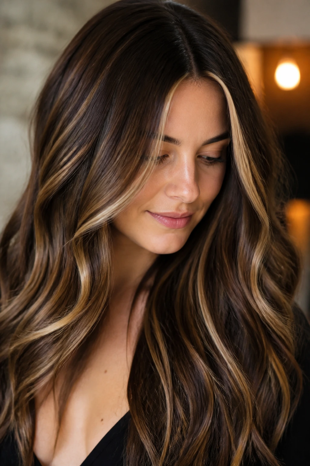 Close-up of mocha lowlights with bright ribbons in long hair