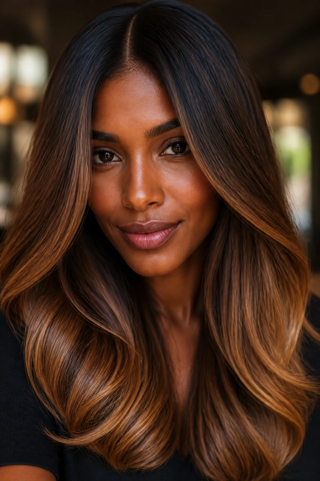 Mocha melt balayage from roots to ends on a real person